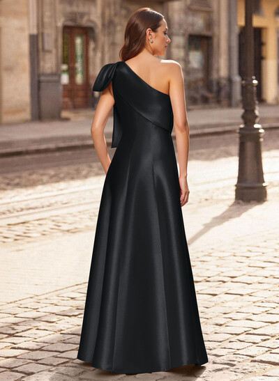 A-Line One-Shoulder Sleeveless Floor-Length Satin Evening Dresses With Bow(s)