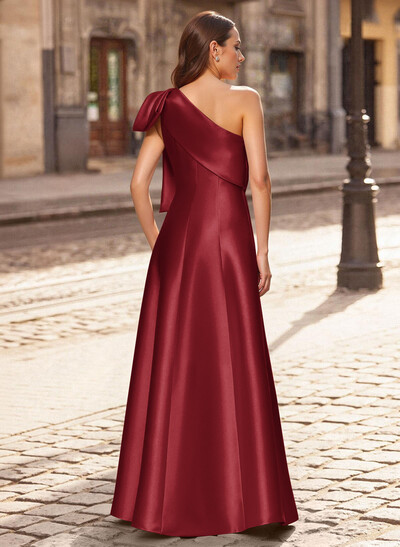 A-Line One-Shoulder Sleeveless Floor-Length Satin Evening Dresses With Bow(s)