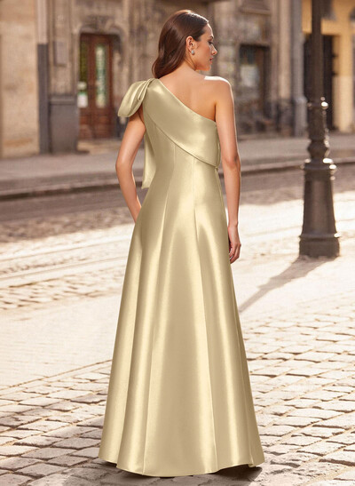 A-Line One-Shoulder Sleeveless Floor-Length Satin Evening Dresses With Bow(s)