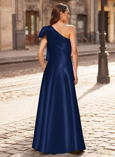 A-Line One-Shoulder Sleeveless Floor-Length Satin Evening Dresses With Bow(s)