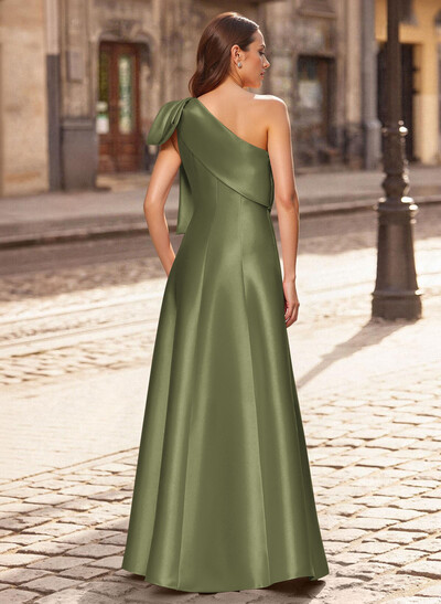 A-Line One-Shoulder Sleeveless Floor-Length Satin Evening Dresses With Bow(s)