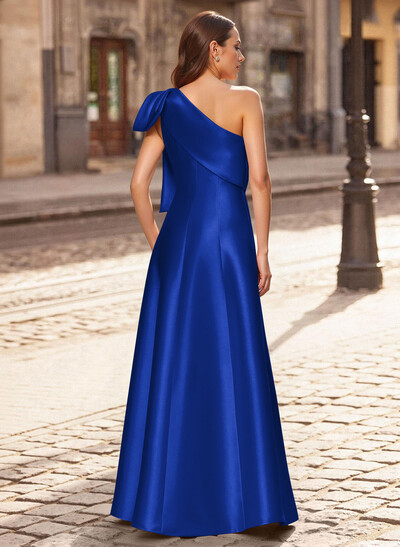 A-Line One-Shoulder Sleeveless Floor-Length Satin Evening Dresses With Bow(s)