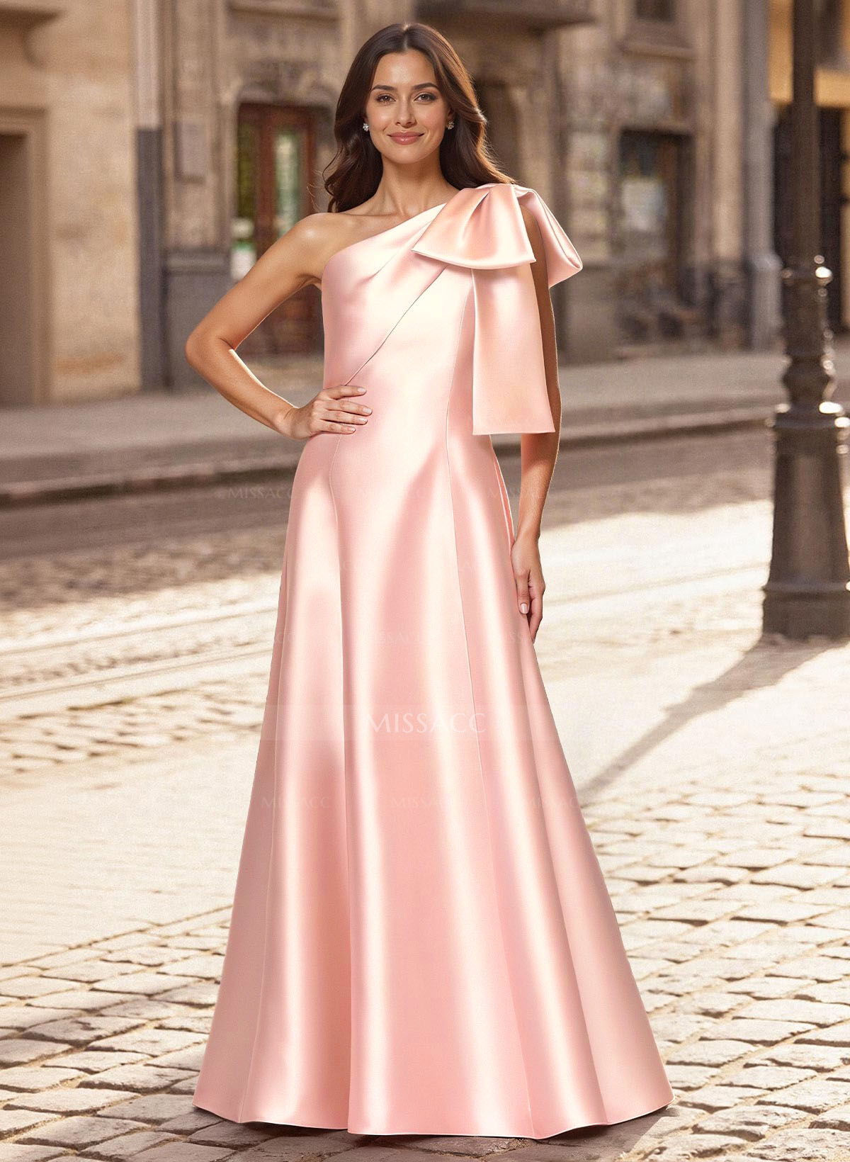 A-Line One-Shoulder Sleeveless Floor-Length Satin Evening Dresses With Bow(s)