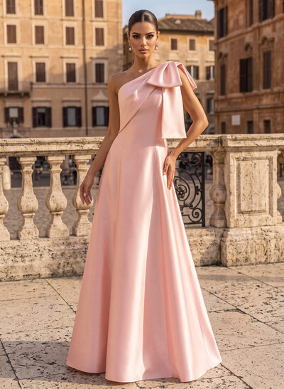 A-Line One-Shoulder Sleeveless Floor-Length Satin Evening Gowns With Bows