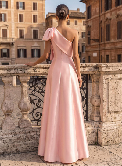 A-Line One-Shoulder Sleeveless Floor-Length Satin Evening Gowns With Bows