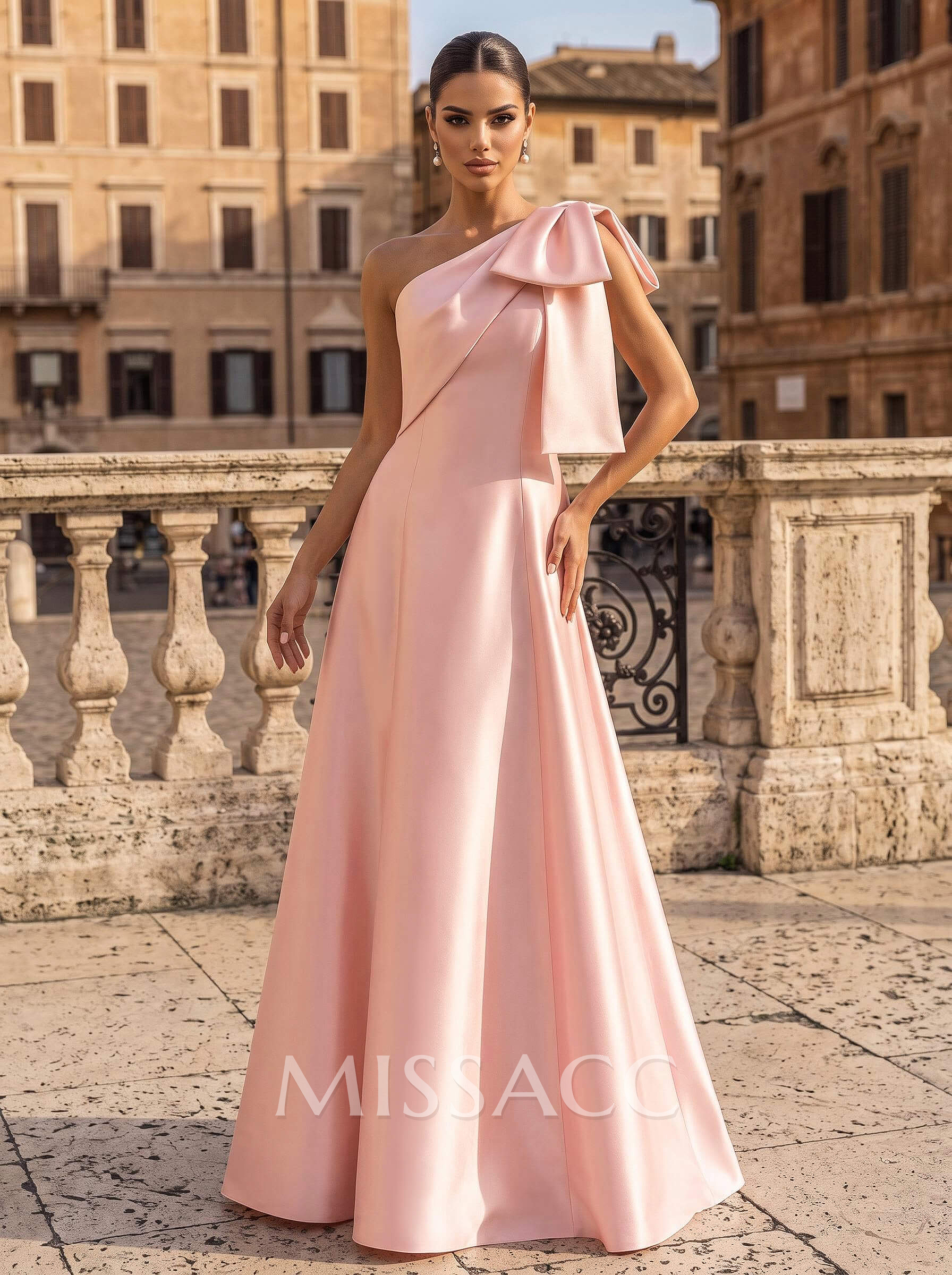 A-Line One-Shoulder Sleeveless Floor-Length Satin Evening Dresses With Bow(s)
