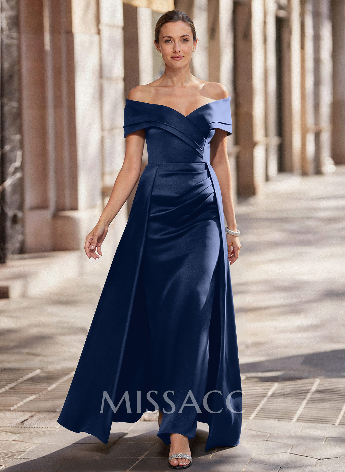 A-Line Off-The-Shoulder Sleeveless Floor-Length Satin Evening Dresses With Overskirt Dress