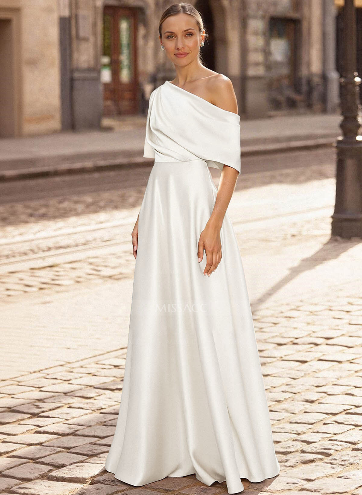 A-Line Asymmetrical 1/2 Sleeves Floor-Length Crepe Satin Evening Dresses