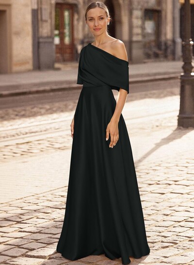 A-Line Asymmetrical 1/2 Sleeves Floor-Length Crepe Satin Evening Dresses
