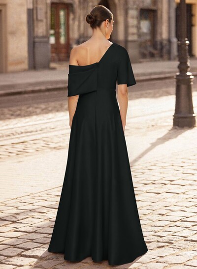 A-Line Asymmetrical 1/2 Sleeves Floor-Length Crepe Satin Evening Dresses