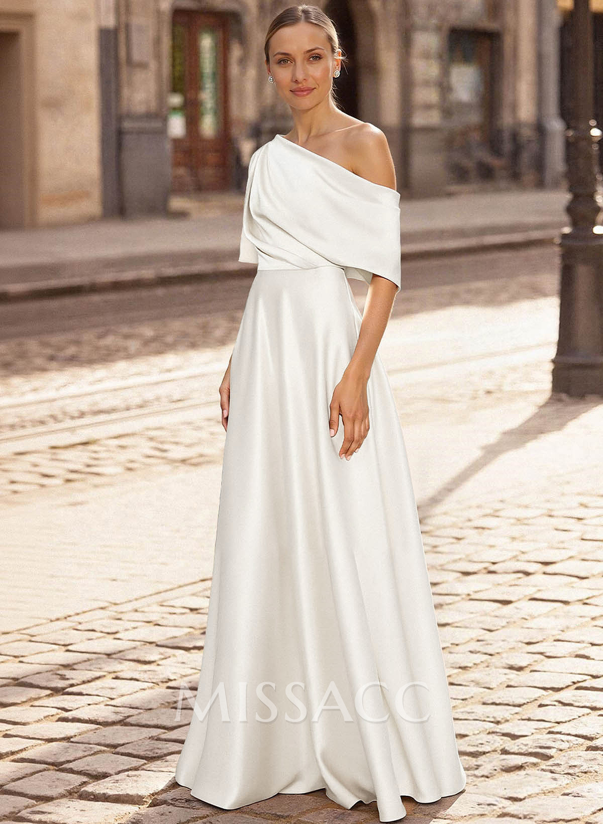 A-Line Asymmetrical 1/2 Sleeves Floor-Length Crepe Satin Evening Dresses