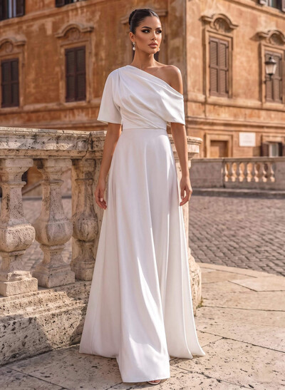A-Line Asymmetrical 1/2 Sleeves Floor-Length Crepe Satin Evening Dresses