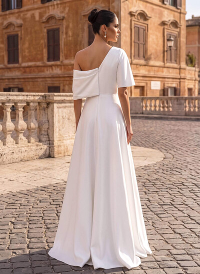 A-Line Asymmetrical 1/2 Sleeves Floor-Length Crepe Satin Evening Dresses