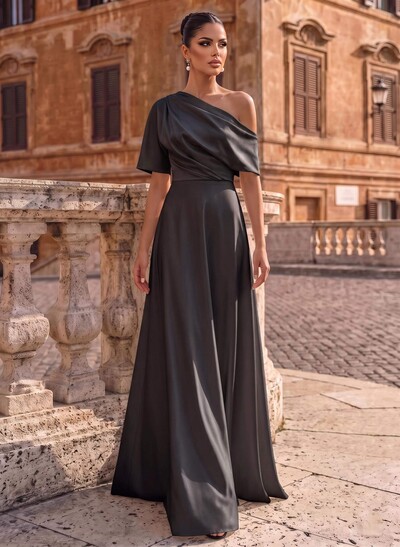 A-Line Asymmetrical 1/2 Sleeves Floor-Length Crepe Satin Evening Dresses