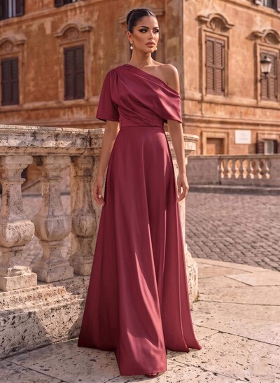 A-Line Asymmetrical 1/2 Sleeves Floor-Length Crepe Satin Evening Dresses