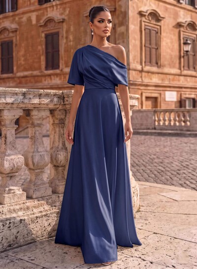 A-Line Asymmetrical 1/2 Sleeves Floor-Length Crepe Satin Evening Dresses