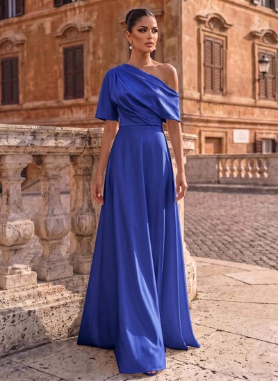 A-Line Asymmetrical 1/2 Sleeves Floor-Length Crepe Satin Evening Dresses