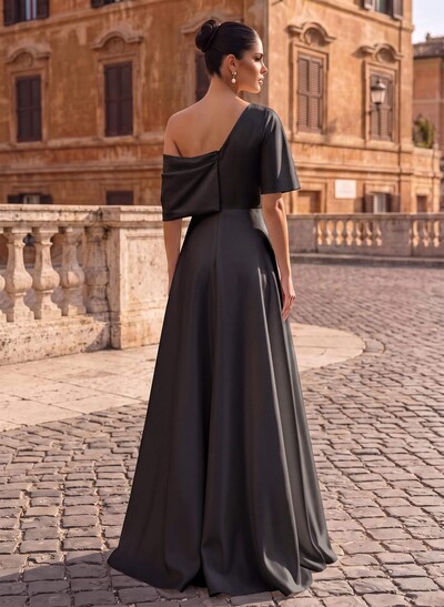 A-Line Asymmetrical 1/2 Sleeves Floor-Length Crepe Satin Evening Dresses