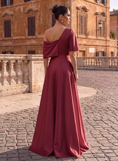 A-Line Asymmetrical 1/2 Sleeves Floor-Length Crepe Satin Evening Dresses