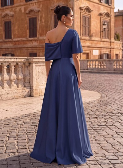 A-Line Asymmetrical 1/2 Sleeves Floor-Length Crepe Satin Evening Dresses