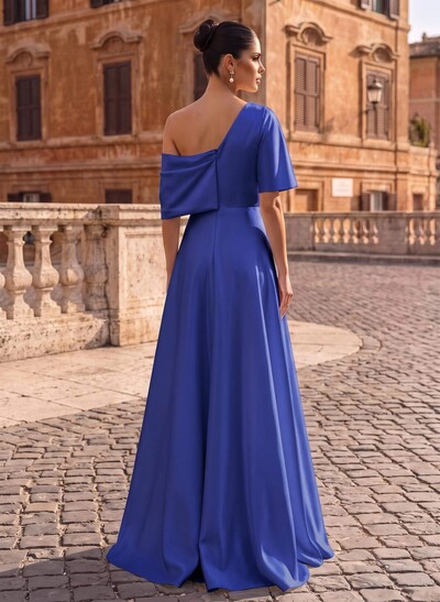 A-Line Asymmetrical 1/2 Sleeves Floor-Length Crepe Satin Evening Dresses