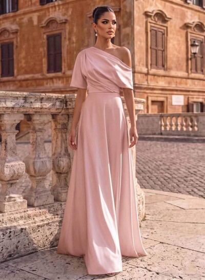A-Line Asymmetrical 1/2 Sleeves Floor-Length Crepe Satin Evening Dresses