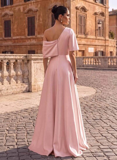 A-Line Asymmetrical 1/2 Sleeves Floor-Length Crepe Satin Evening Dresses