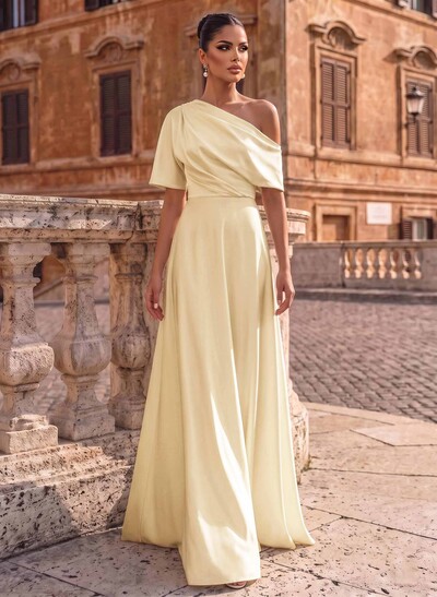 A-Line Asymmetrical 1/2 Sleeves Floor-Length Crepe Satin Evening Dresses