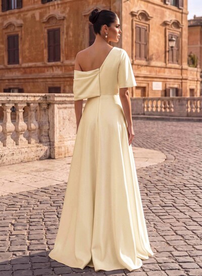 A-Line Asymmetrical 1/2 Sleeves Floor-Length Crepe Satin Evening Dresses