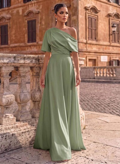 A-Line Asymmetrical 1/2 Sleeves Floor-Length Crepe Satin Evening Dresses