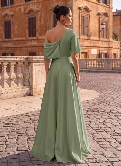A-Line Asymmetrical 1/2 Sleeves Floor-Length Crepe Satin Evening Dresses