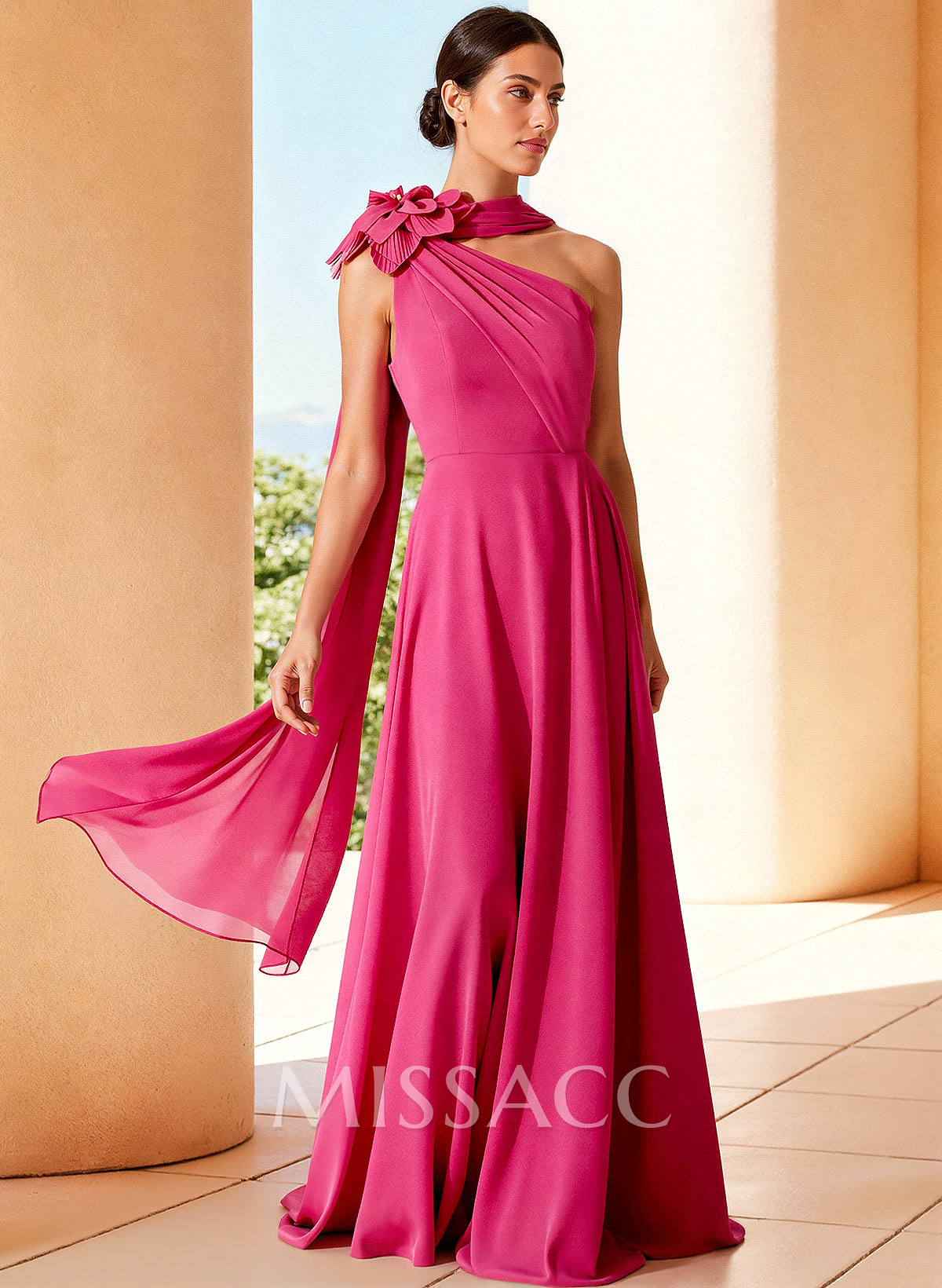A-Line One-Shoulder Sleeveless Floor-Length Chiffon Evening Dresses With Flower(s)