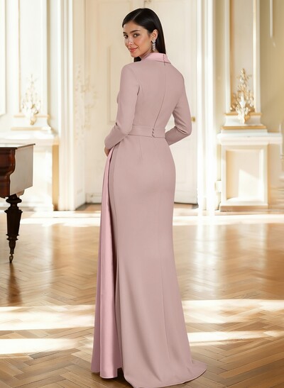 Sheath Column Plunge Neck Long Sleeves Sweep Train Elastic Satin/Satin Evening Dresses With Rhinestone Sweeping Side Drape