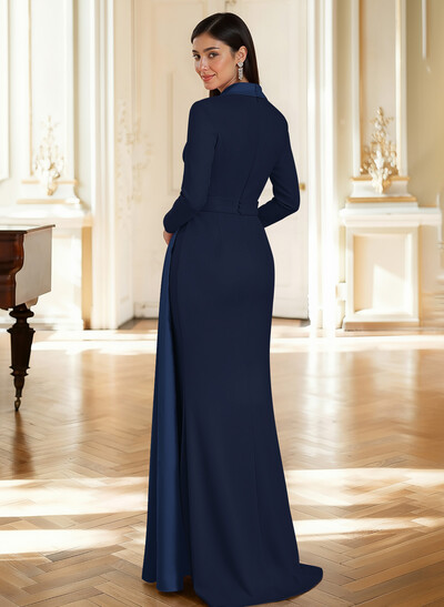 Sheath Column Plunge Neck Long Sleeves Sweep Train Elastic Satin/Satin Evening Dresses With Rhinestone Sweeping Side Drape