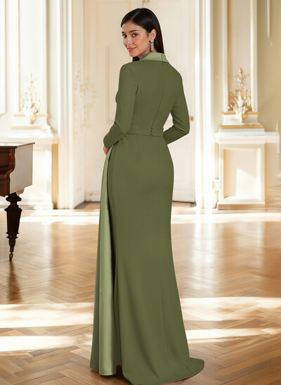 Sheath Column Plunge Neck Long Sleeves Sweep Train Elastic Satin/Satin Evening Dresses With Rhinestone Sweeping Side Drape