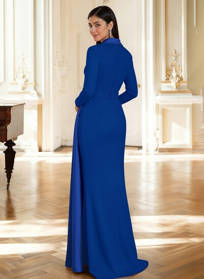 Sheath Column Plunge Neck Long Sleeves Sweep Train Elastic Satin/Satin Evening Dresses With Rhinestone Sweeping Side Drape