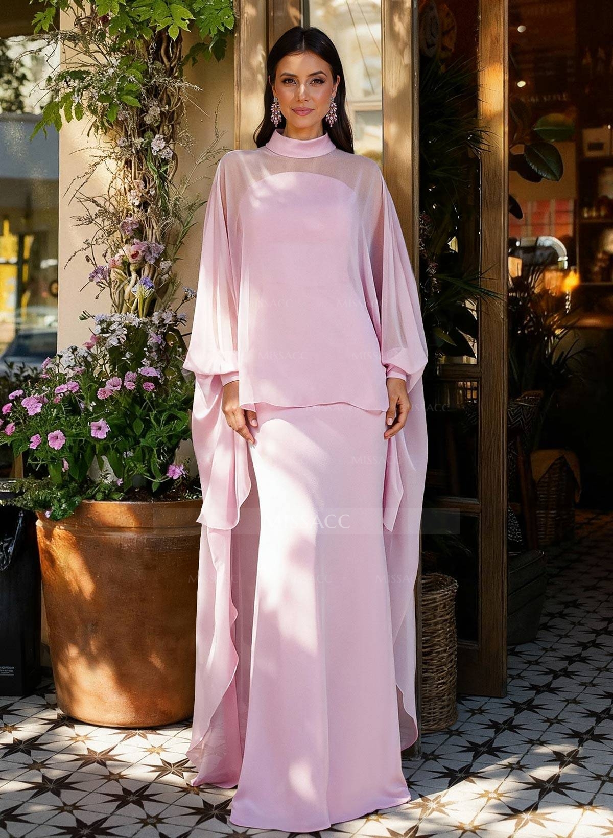 Sheath Column Illusion Neck Long Sleeves Floor-Length Chiffon Evening Dresses With Tiered