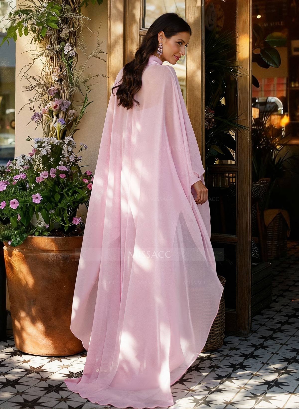 Sheath Column Illusion Neck Long Sleeves Floor-Length Chiffon Evening Dresses With Tiered