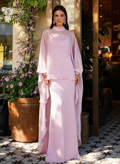 Sheath Column Illusion Neck Long Sleeves Floor-Length Chiffon Evening Dresses With Tiered