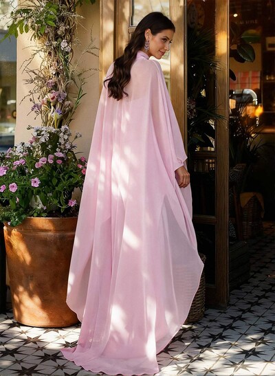 Sheath Column Illusion Neck Long Sleeves Floor-Length Chiffon Evening Dresses With Tiered
