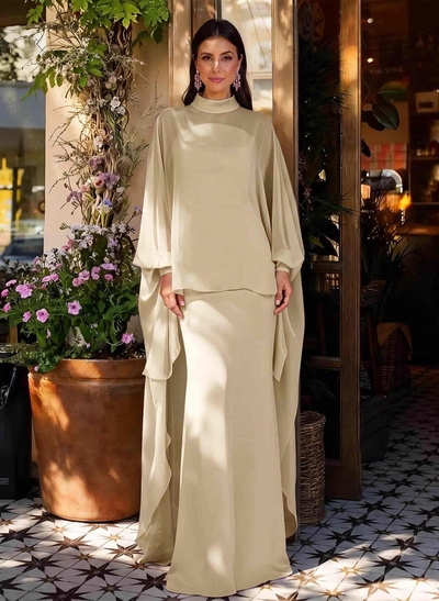 Sheath Column Illusion Neck Long Sleeves Floor-Length Chiffon Evening Dresses With Tiered