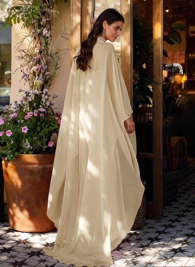 Sheath Column Illusion Neck Long Sleeves Floor-Length Chiffon Evening Dresses With Tiered