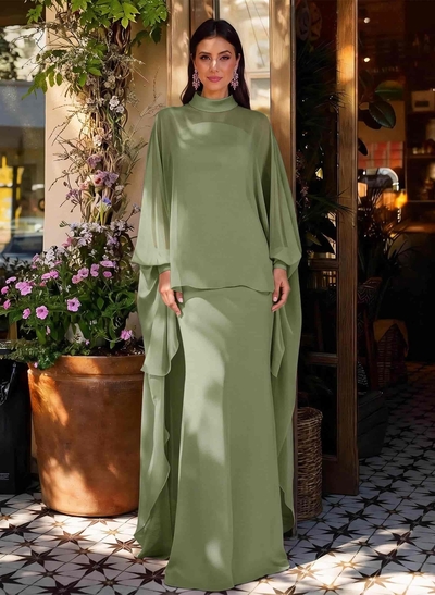 Sheath Column Illusion Neck Long Sleeves Floor-Length Chiffon Evening Dresses With Tiered