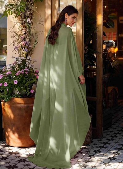 Sheath Column Illusion Neck Long Sleeves Floor-Length Chiffon Evening Dresses With Tiered