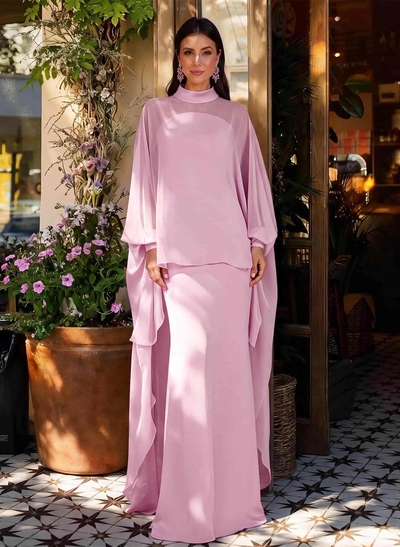 Sheath Column Illusion Neck Long Sleeves Floor-Length Chiffon Evening Dresses With Tiered
