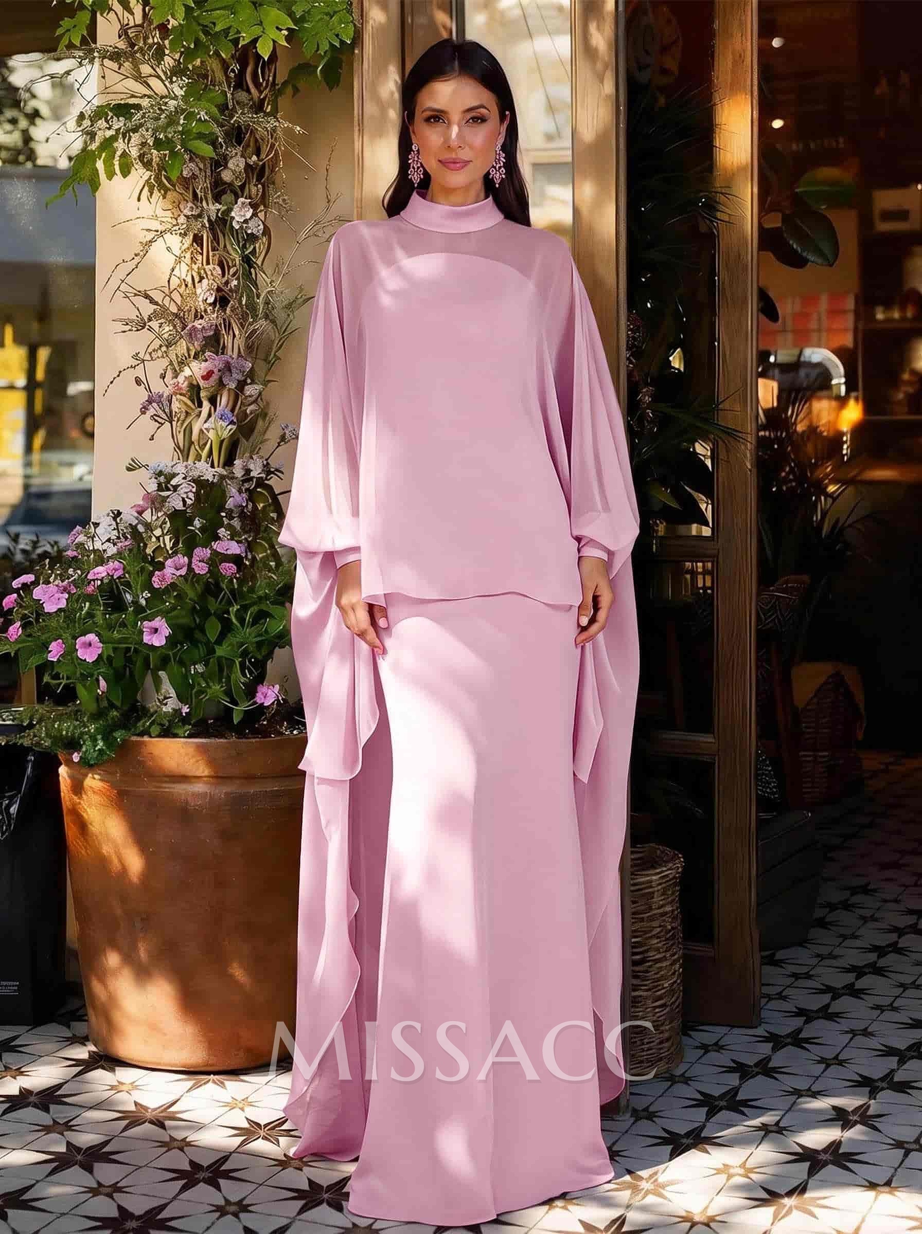 Sheath Column Illusion Neck Long Sleeves Floor-Length Chiffon Evening Dresses With Tiered