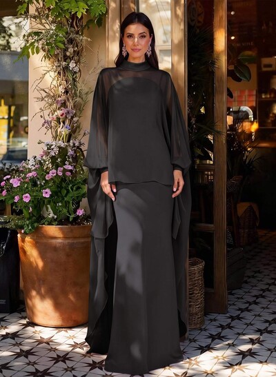 Sheath Column Illusion Neck Long Sleeves Floor-Length Chiffon Evening Dresses With Tiered
