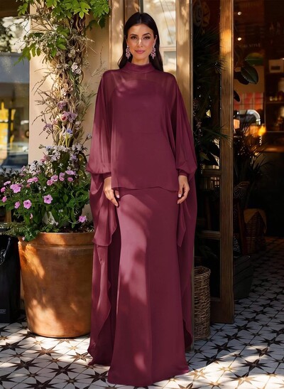 Sheath Column Illusion Neck Long Sleeves Floor-Length Chiffon Evening Dresses With Tiered