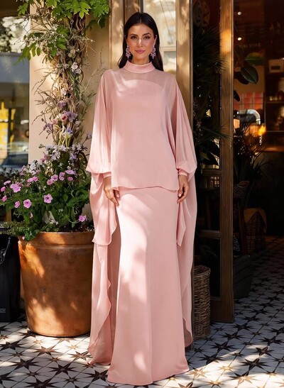 Sheath Column Illusion Neck Long Sleeves Floor-Length Chiffon Evening Dresses With Tiered