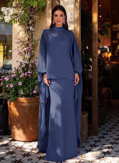 Sheath Column Illusion Neck Long Sleeves Floor-Length Chiffon Evening Dresses With Tiered